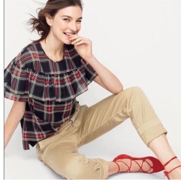J CREW Tops - J CREW EDIE TARTAN PLAID‎ RUFFLE SLEEVE TOP